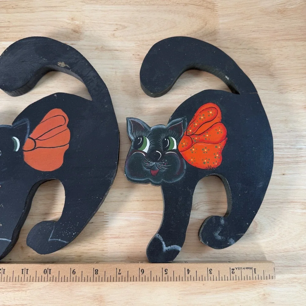 Vintage Hand Painted Wooden Black Cat Halloween Folk Art Decor Set of 2